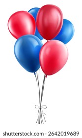 Vector illustration with six balloons in red and blue colors on white background. Balloons are tied together with a simple ribbons that forms a bow at the bottom. Ideal for party or event designs.