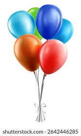 Vector illustration with six balloons in various bright colors on white background. Balloons are tied together with a simple ribbons that forms a bow at the bottom. Ideal for party or event designs.