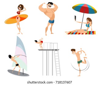 Vector illustration of six beach characters set