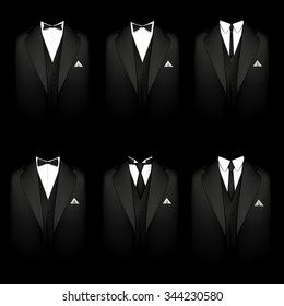 Vector illustration of a six black tuxedos