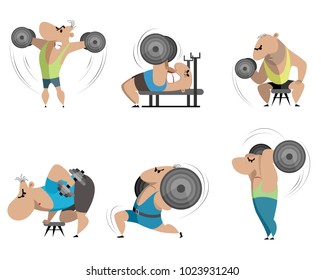 Vector illustration of six bodybuilders on white background