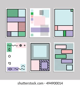 vector illustration of six bright graphic templates for posters cards invitations or flyers in bold cartoon retro seventies style with polka dot and lines patterns and place for text