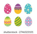 Vector illustration of six brightly colored Easter eggs with diverse decorative patterns, perfect for holiday greetings and spring themes.