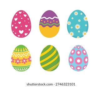 Vector illustration of six brightly colored Easter eggs with diverse decorative patterns, perfect for holiday greetings and spring themes.