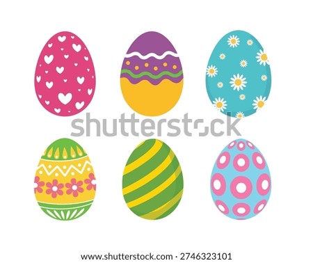 Vector illustration of six brightly colored Easter eggs with diverse decorative patterns, perfect for holiday greetings and spring themes.