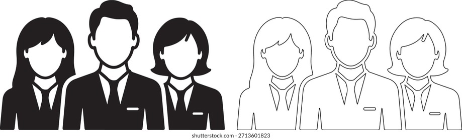 Una Ilustración vectorial de seis profesionales de negocios en dos filas, con tres en negro y tres en línea blanca, sobre un fondo blanco puro