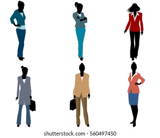 Vector illustration of a six businesswomen silhouette