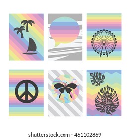 vector illustration / six card templates for scrapbook or journal with rainbow spectrum striped background and trendy objects like butterfly tropic palm trees and peace symbol