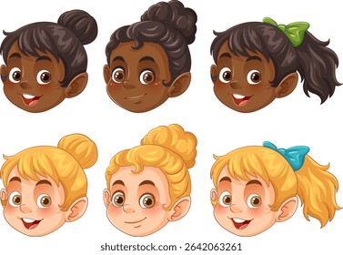 Vector illustration of six cartoon girl faces with diverse hairstyles and expressions, featuring vibrant colors and playful design