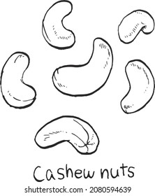 Vektorgrafik von sechs Cashews in schwarz-weißer Linie.