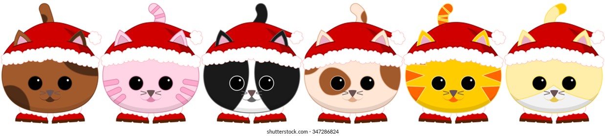 Vector illustration of six cats dressed as Santa Claus on transparent background. Suitable for tiled design