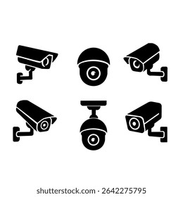 Vector illustration of six CCTV security camera icons in black silhouette, each uniquely designed and positioned to represent modern surveillance equipment