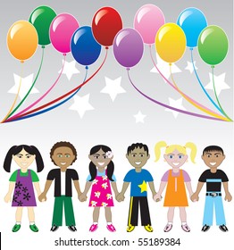 Vector Illustration. Six children holding hands under colorful balloons and stars. Card, Cover, Invitation or web.