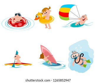 Vector illustration of six children on the water