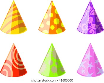 Vector illustration of six color party hats
