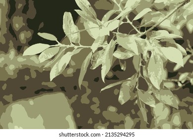 Vector illustration in six color shades. Leaves in the upper right corner as the main object illustration. Gardens. Leaves. Trees. Green nature. Green Earth. Environment.