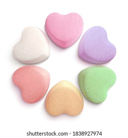 Vector illustration of six colored heart-shaped candies.