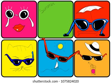 Vector illustration of six colored squares set of different summer glasses and details of summer leisure and tourism