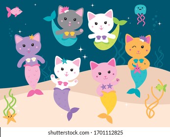 A vector illustration of six colorful and adorable cat mermaids in an underwater scene