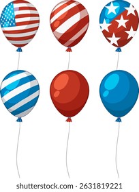Vector illustration of six colorful balloons with American flag patterns, emphasizing a festive and patriotic theme
