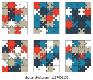 Vector illustration of six colorful puzzles, isolated pieces