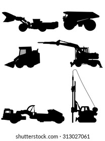 Vector illustration of a six construction machinery silhouettes