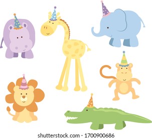 A vector illustration of six cute safari animals wearing birthday party hats: a hippo, giraffe, elephant, lion, monkey, crocodile
