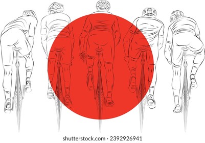 Vector illustration of six cyclists seen from behind, with a red circle resembling the Japanese flag in the center. Clean line art represents unity, endurance, and the spirit of competitive cycling