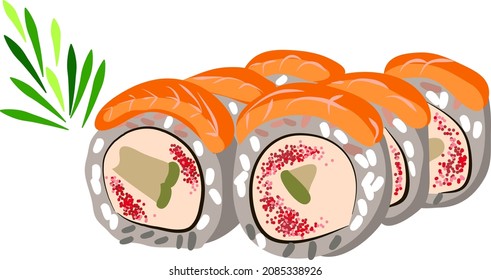 Vector illustration for six delicious and juicy rolls. Filling with cucumbers and salmon on top.