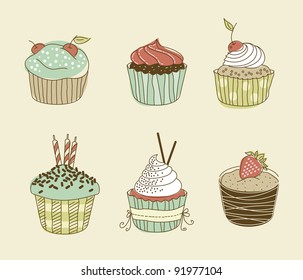 Vector illustration of six delitious cupcakes in retro style