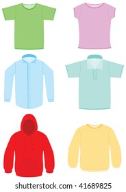 Vector illustration of six different clothes. All objects and details are isolated. Colors and white background color are easy to adjust/customize.