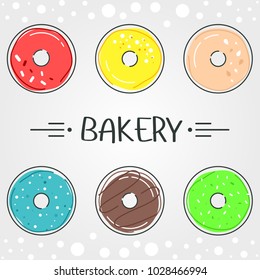 Vector illustration of six different colored donuts. Round patty fried in oil with a hole in the middle on a light background. Set bakery with decorations.