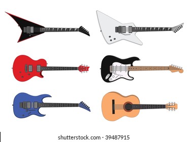 Vector illustration of a six different guitar types. Each guitar is in a separate layer. You can resize them, change their shape, change their color do whatever you want.