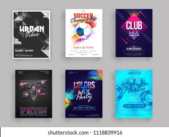 Vector illustration of six different style party flyer or banner design.