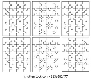 Vector illustration of six different white puzzles, separate pieces