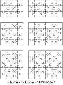 Vector illustration of six different white puzzles, separate pieces