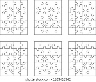 Vector illustration of six different white puzzles, separate pieces