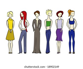 A vector illustration of six different women