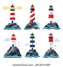 Vector illustration of six distinct lighthouses with ships in calm blue waters under sunny skies