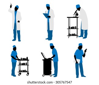 Vector illustration  of a six doctors silhouettes on white