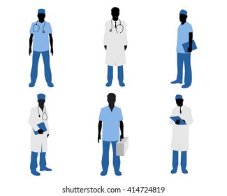 Vector illustration  of a six doctors silhouettes on white