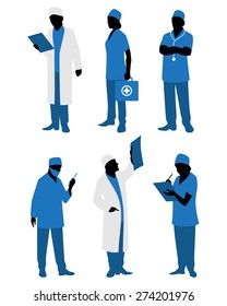 Vector illustration of a six doctors in uniform