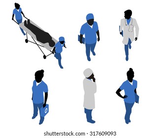 Vector illustration of a six doctors in uniform