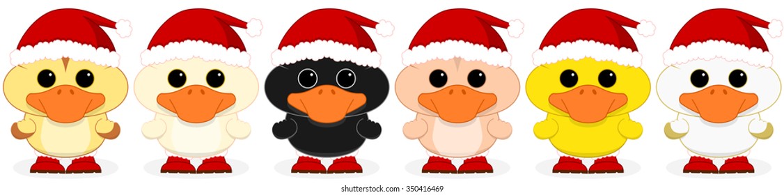 Vector illustration of six ducklings dressed as Santa Claus on transparent background. Suitable for tiled designs