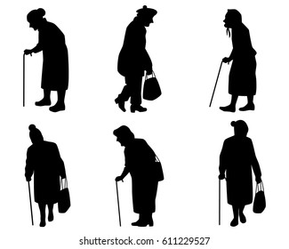 Vector illustration of a six elder women silhouettes