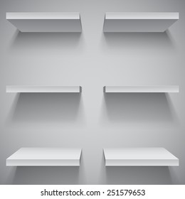 Vector illustration of six empty shelves on white wall