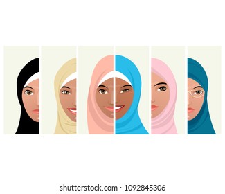 Vector illustration of six faces of Muslim women