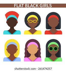 Vector illustration: six flat avatars of pretty black girls on white background
