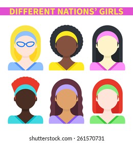 Vector illustration: six flat avatars of pretty girls of different nations on white background