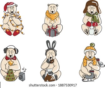 Vector illustration of six funny polar bears